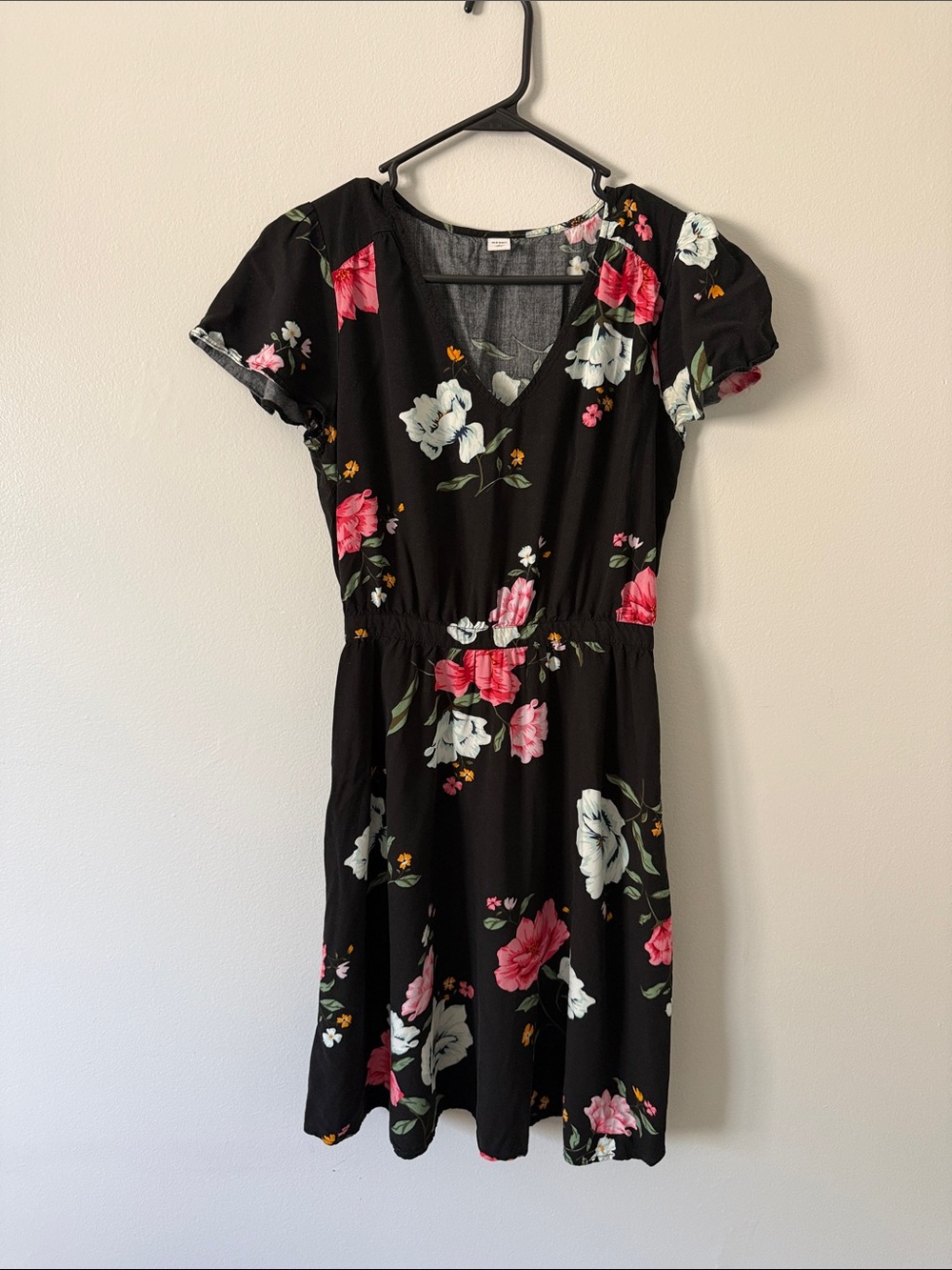 Old Navy Black Floral V-Neck Knee Lenght Dress with Pink & White Blooms
